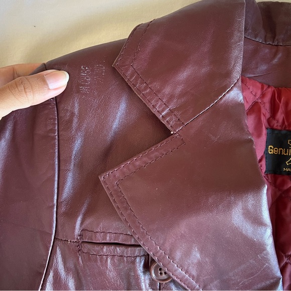 Genuine Leather Maroon Collared Long Sleeve Button Down Leather Blazer Jacket - Picture 4 of 5